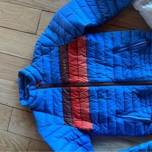 Cotopaxi Kids Puffer Jacket - Blue with Red and Brown Stripes